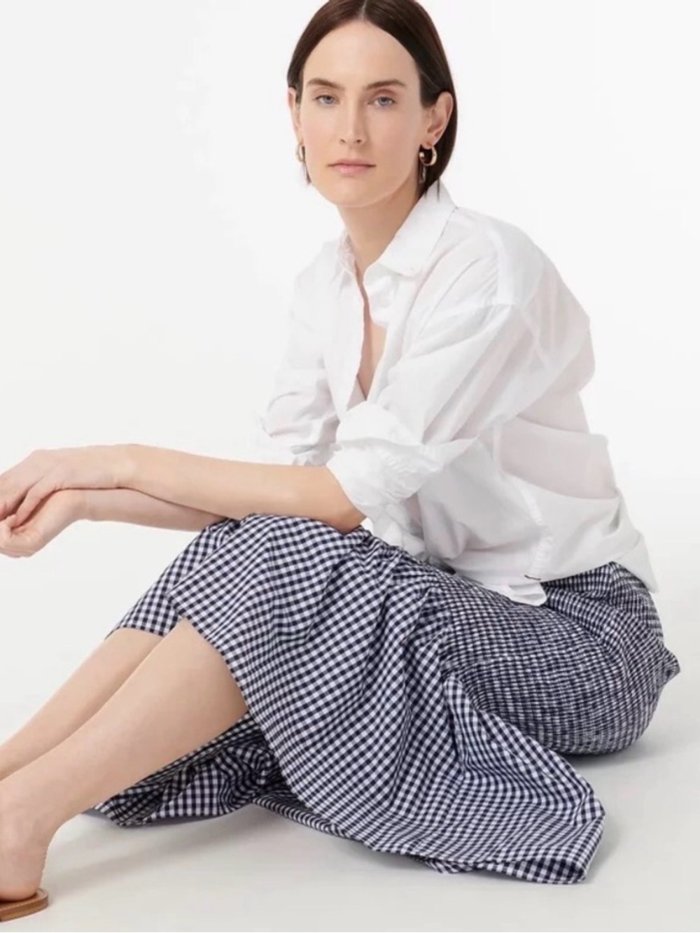 J Crew Gingham Midi Skirt - Ruched White & Navy